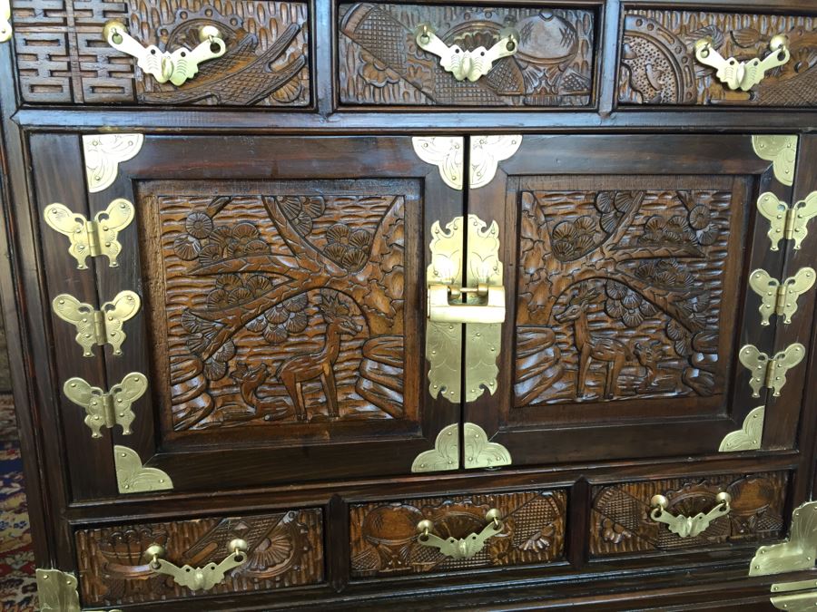 Pair Of Korean Carved Wooden Cabinets Nightstands With Brass Accents And Lock And Key [Photo 10]