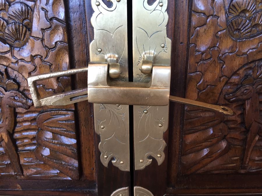 Pair Of Korean Carved Wooden Cabinets Nightstands With Brass Accents And Lock And Key [Photo 11]