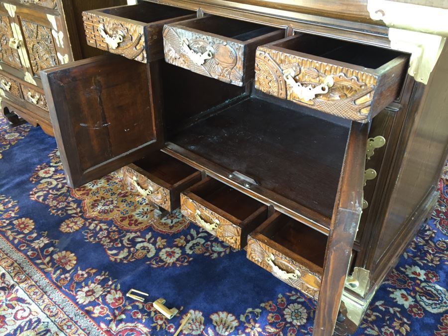 Pair Of Korean Carved Wooden Cabinets Nightstands With Brass Accents And Lock And Key [Photo 13]