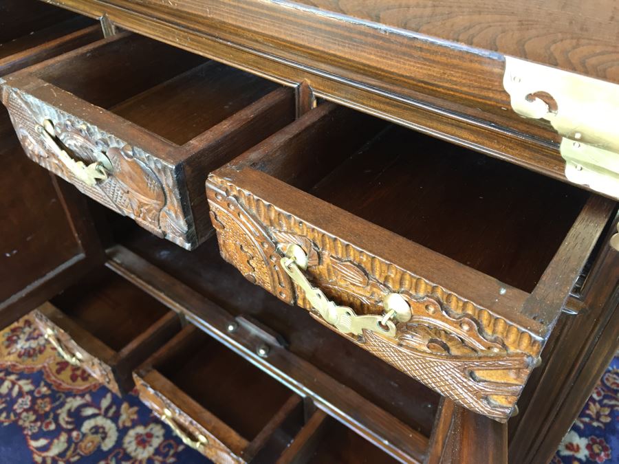 Pair Of Korean Carved Wooden Cabinets Nightstands With Brass Accents And Lock And Key [Photo 14]