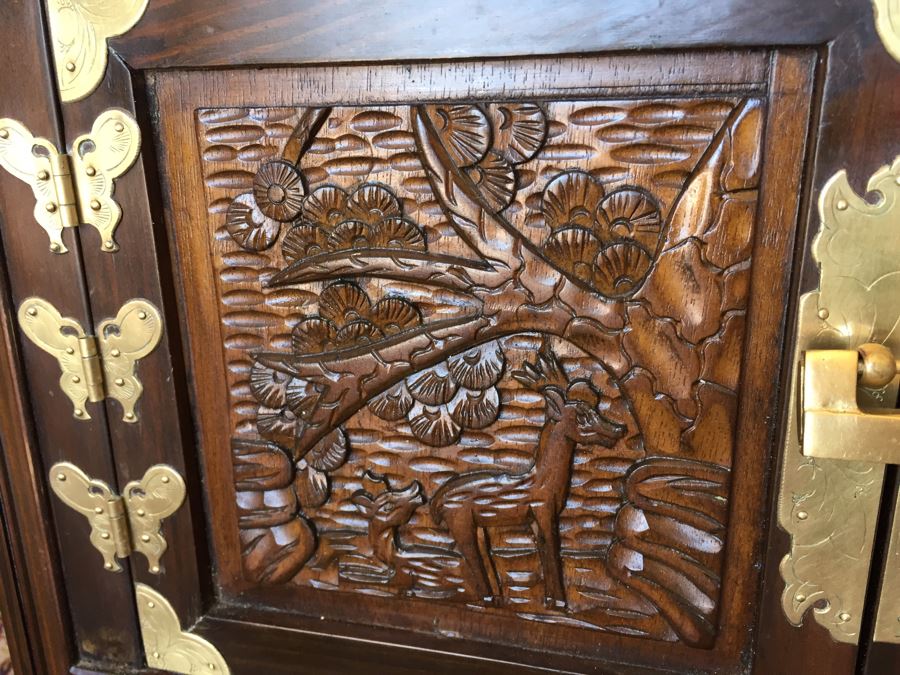 Pair Of Korean Carved Wooden Cabinets Nightstands With Brass Accents And Lock And Key [Photo 7]