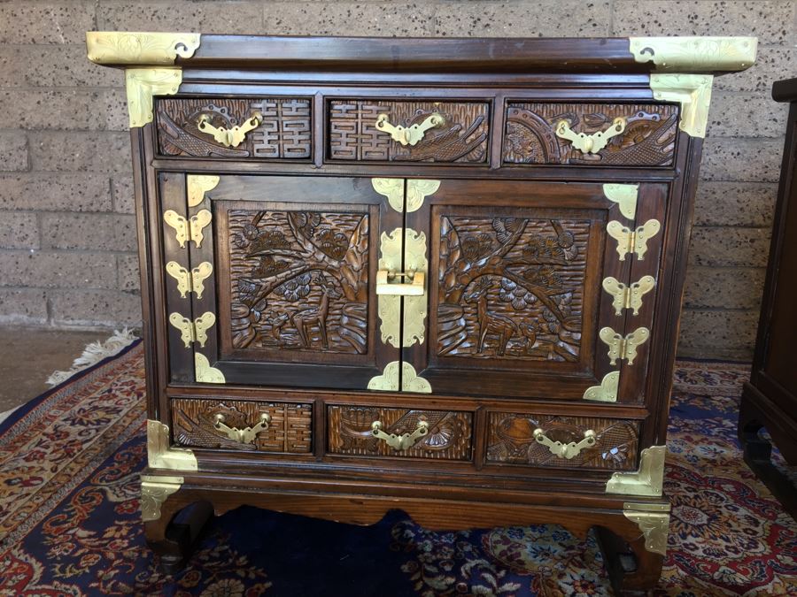 Pair Of Korean Carved Wooden Cabinets Nightstands With Brass Accents And Lock And Key [Photo 4]