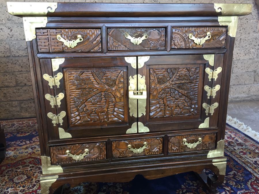 Pair Of Korean Carved Wooden Cabinets Nightstands With Brass Accents And Lock And Key [Photo 9]