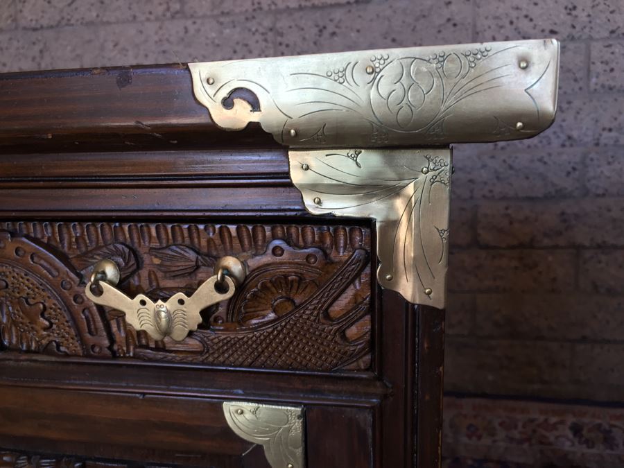 Pair Of Korean Carved Wooden Cabinets Nightstands With Brass Accents And Lock And Key [Photo 8]
