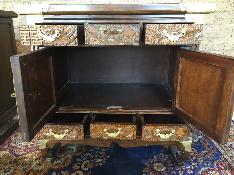 Pair Of Korean Carved Wooden Cabinets Nightstands With Brass Accents And Lock And Key [Photo 3]