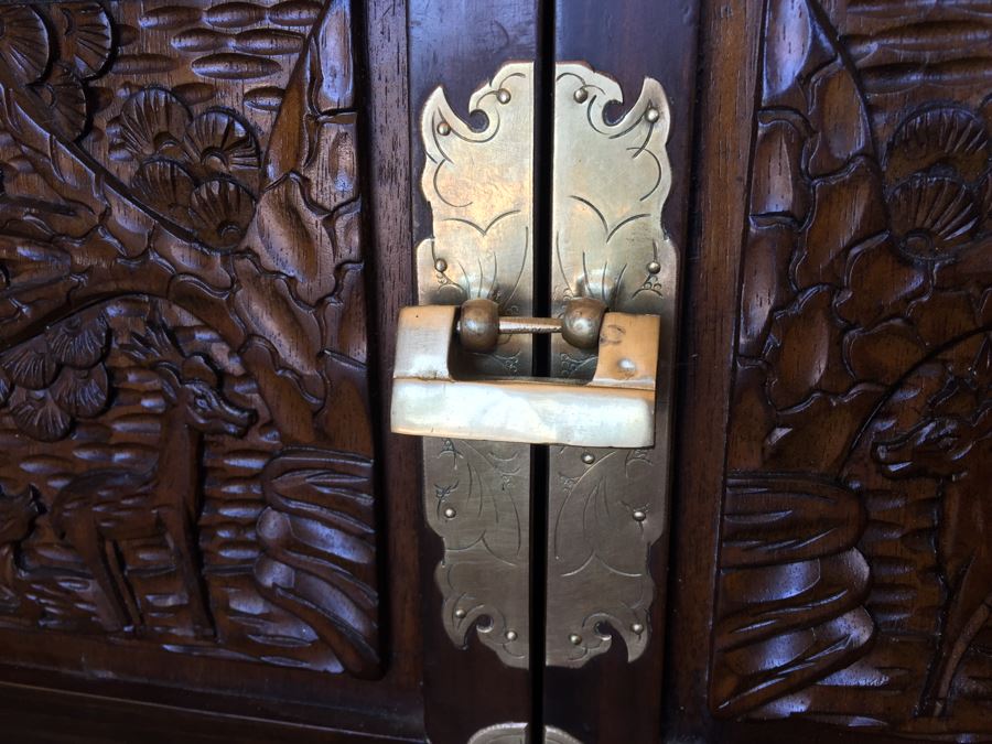 Pair Of Korean Carved Wooden Cabinets Nightstands With Brass Accents And Lock And Key [Photo 6]