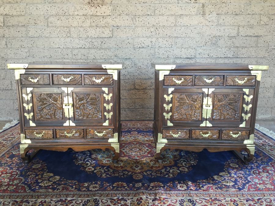 Pair Of Korean Carved Wooden Cabinets Nightstands With Brass Accents And Lock And Key