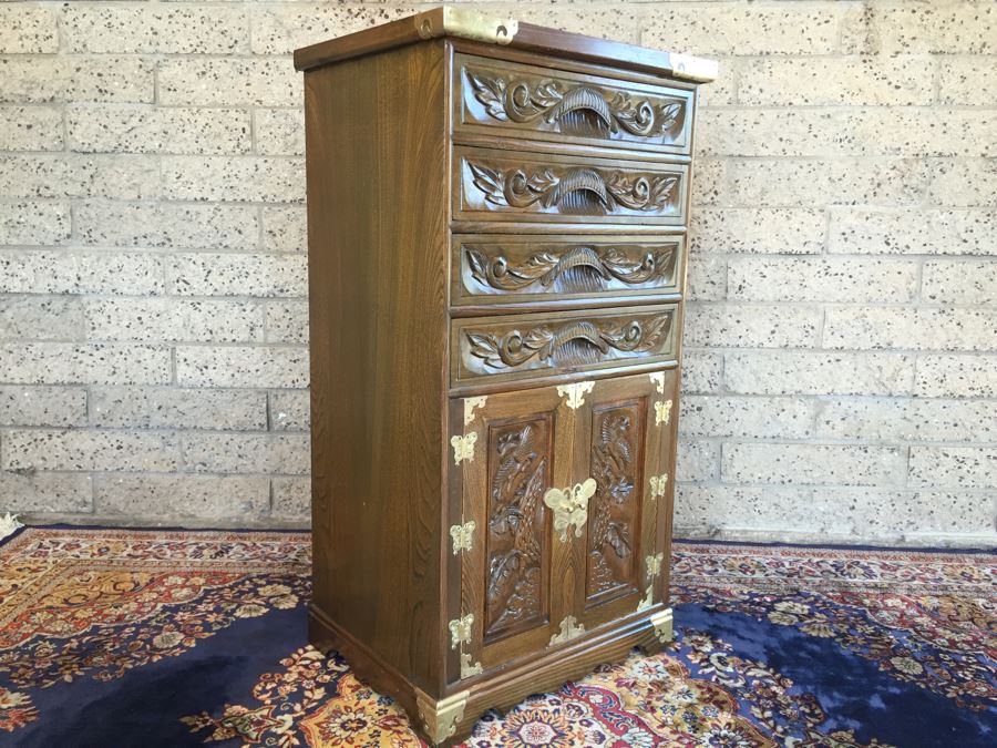 Vintage Korean Silverware Chest Jewelry Chest Of Drawers With Brass Accents And Lock And Key [Photo 3]