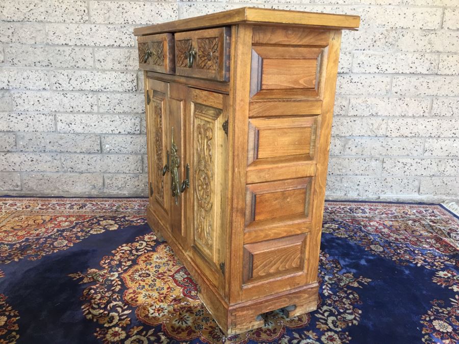 Spanish Carved Wood Cabinet Console Sofa Table [Photo 3]