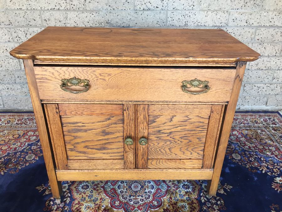 Antique Oak Cabinet Nightstand On Casters [Photo 4]