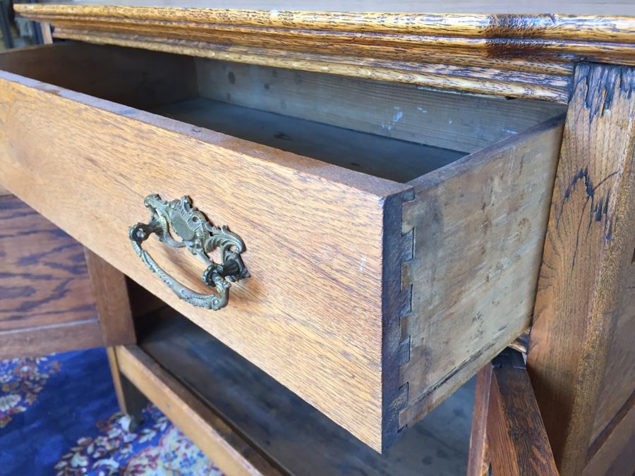 Antique Oak Cabinet Nightstand On Casters [Photo 9]