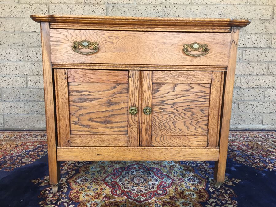 Antique Oak Cabinet Nightstand On Casters