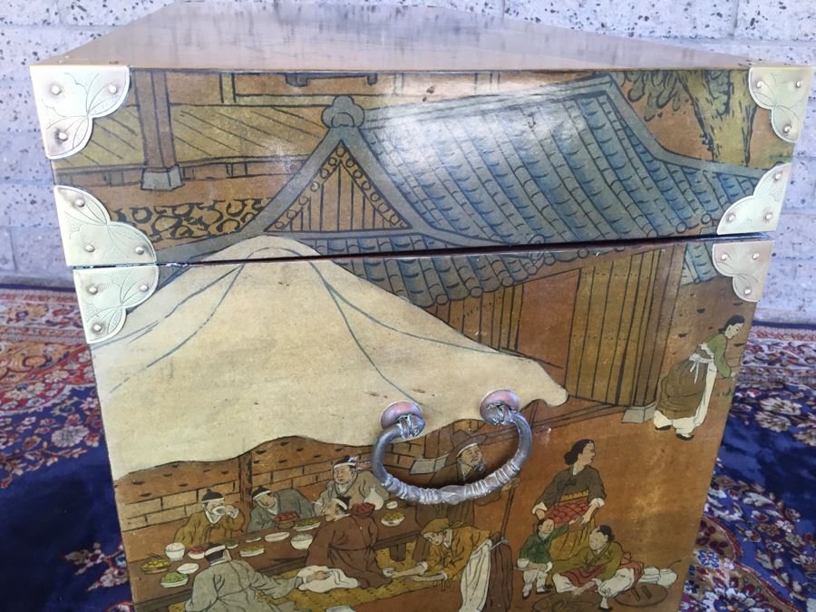 Vintage Korean Wedding Chest With Stand And Lock And Key In Excellent Condition Various Painted Scenes Throughout Cabinet Signed By Artist [Photo 33]