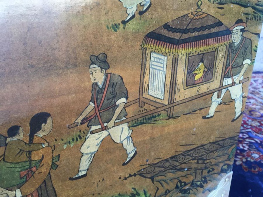 Vintage Korean Wedding Chest With Stand And Lock And Key In Excellent Condition Various Painted Scenes Throughout Cabinet Signed By Artist [Photo 18]