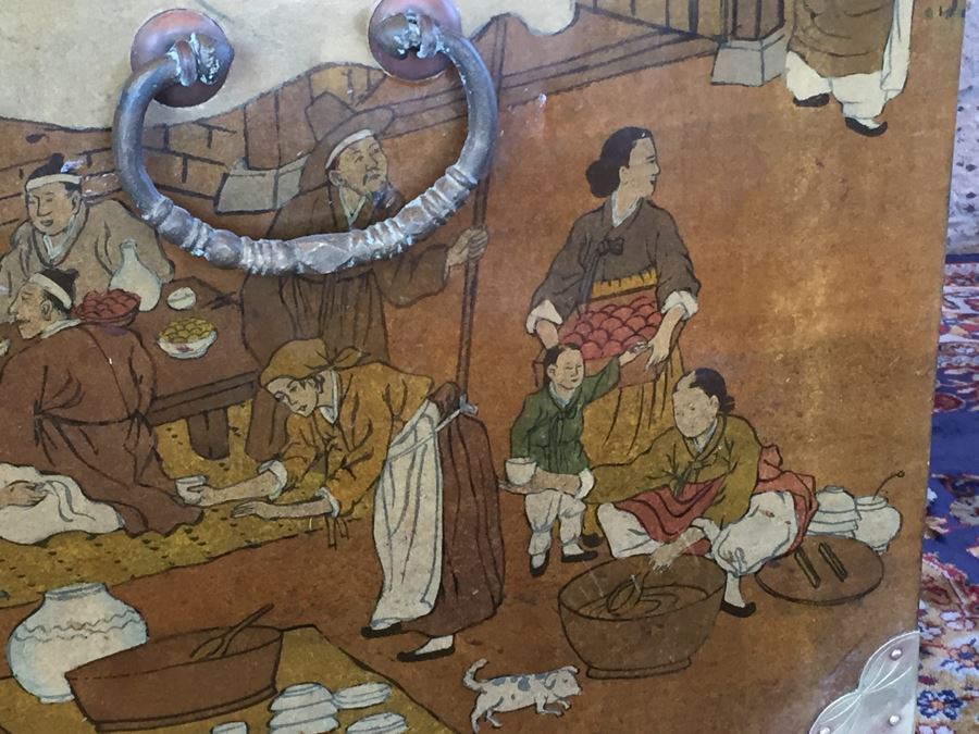 Vintage Korean Wedding Chest With Stand And Lock And Key In Excellent Condition Various Painted Scenes Throughout Cabinet Signed By Artist [Photo 31]