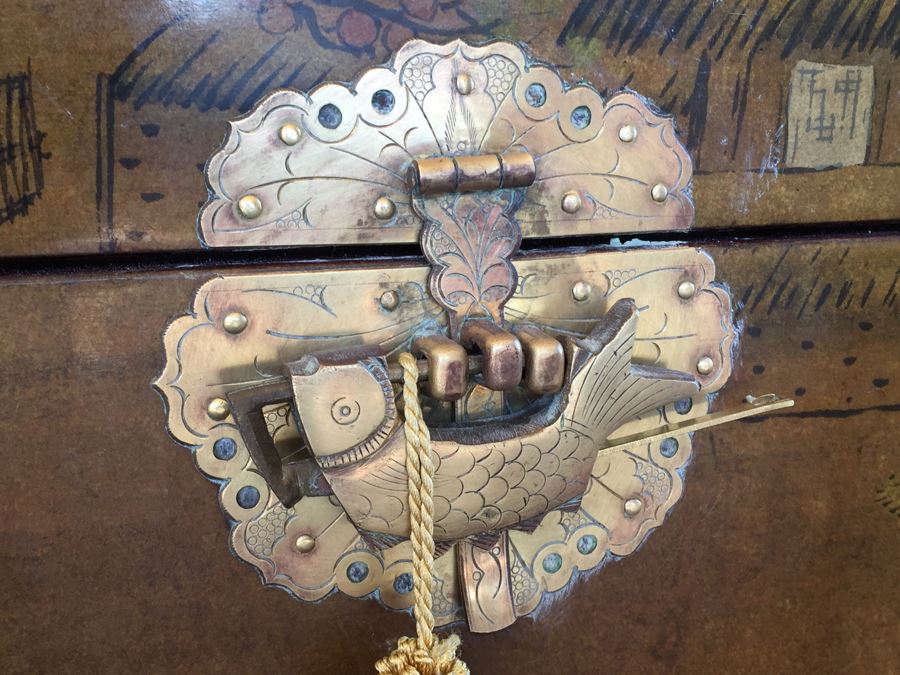 Vintage Korean Wedding Chest With Stand And Lock And Key In Excellent Condition Various Painted Scenes Throughout Cabinet Signed By Artist [Photo 13]