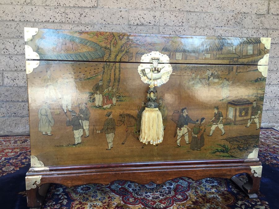 Vintage Korean Wedding Chest With Stand And Lock And Key In Excellent Condition Various Painted Scenes Throughout Cabinet Signed By Artist [Photo 1]