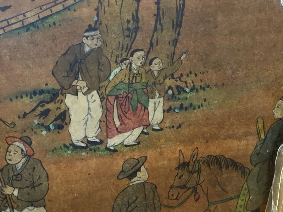 Vintage Korean Wedding Chest With Stand And Lock And Key In Excellent Condition Various Painted Scenes Throughout Cabinet Signed By Artist [Photo 12]