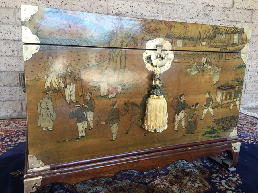 Vintage Korean Wedding Chest With Stand And Lock And Key In Excellent Condition Various Painted Scenes Throughout Cabinet Signed By Artist [Photo 4]