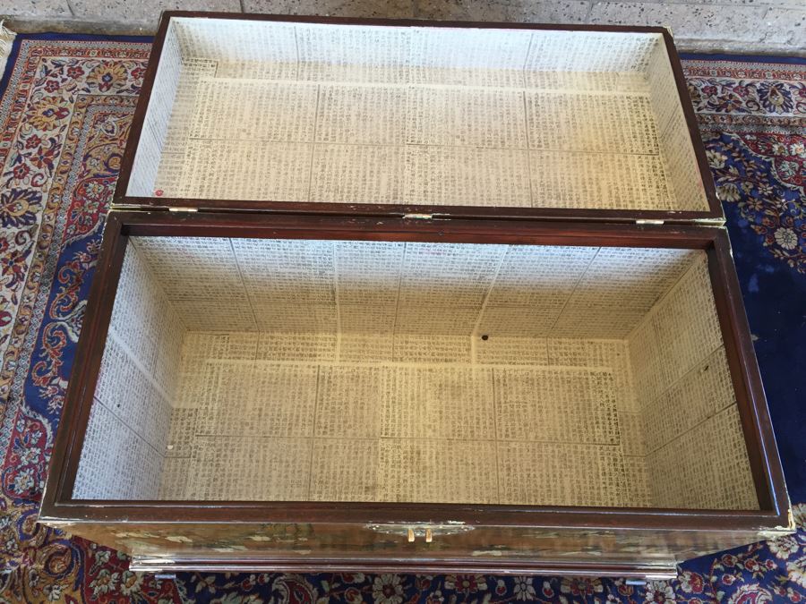 Vintage Korean Wedding Chest With Stand And Lock And Key In Excellent Condition Various Painted Scenes Throughout Cabinet Signed By Artist [Photo 41]