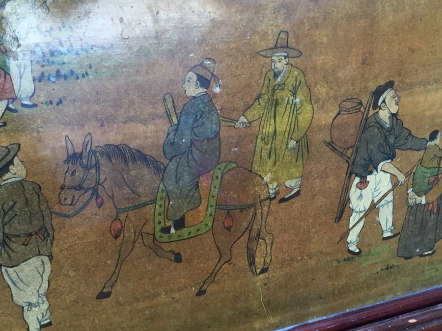 Vintage Korean Wedding Chest With Stand And Lock And Key In Excellent Condition Various Painted Scenes Throughout Cabinet Signed By Artist [Photo 14]