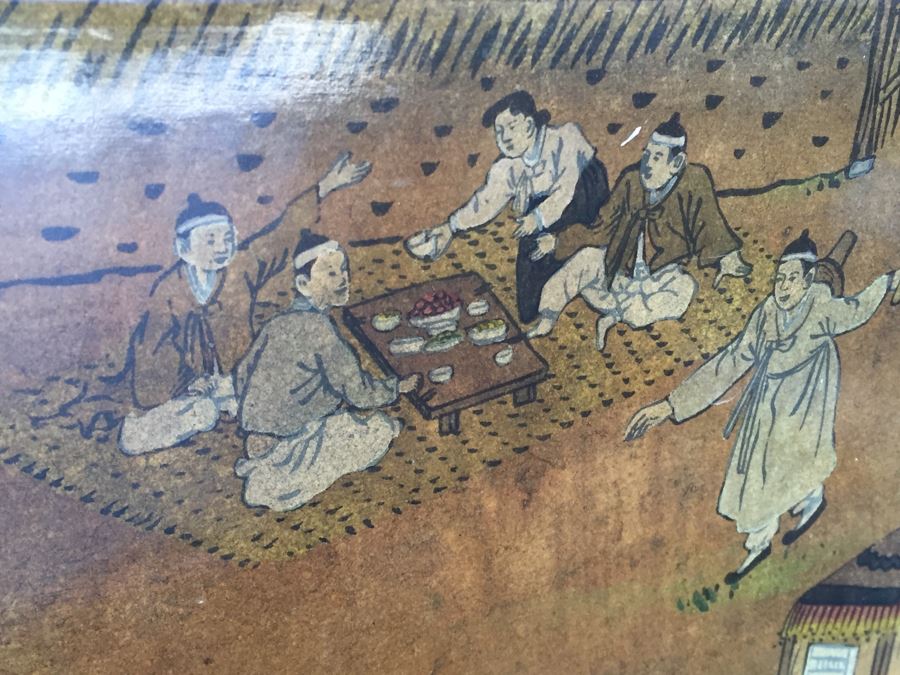 Vintage Korean Wedding Chest With Stand And Lock And Key In Excellent Condition Various Painted Scenes Throughout Cabinet Signed By Artist [Photo 16]