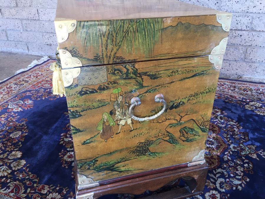 Vintage Korean Wedding Chest With Stand And Lock And Key In Excellent Condition Various Painted Scenes Throughout Cabinet Signed By Artist [Photo 22]