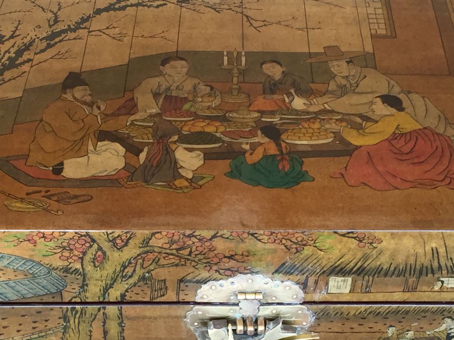 Vintage Korean Wedding Chest With Stand And Lock And Key In Excellent Condition Various Painted Scenes Throughout Cabinet Signed By Artist [Photo 40]