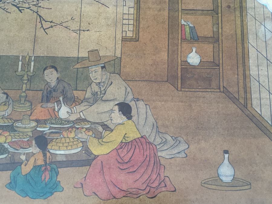 Vintage Korean Wedding Chest With Stand And Lock And Key In Excellent Condition Various Painted Scenes Throughout Cabinet Signed By Artist [Photo 39]