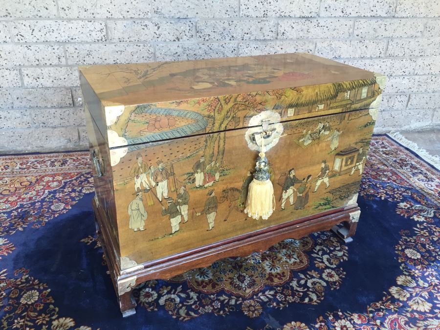 Vintage Korean Wedding Chest With Stand And Lock And Key In Excellent Condition Various Painted Scenes Throughout Cabinet Signed By Artist [Photo 7]