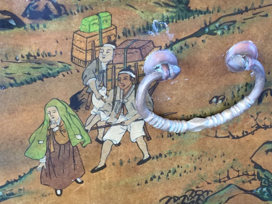 Vintage Korean Wedding Chest With Stand And Lock And Key In Excellent Condition Various Painted Scenes Throughout Cabinet Signed By Artist [Photo 20]