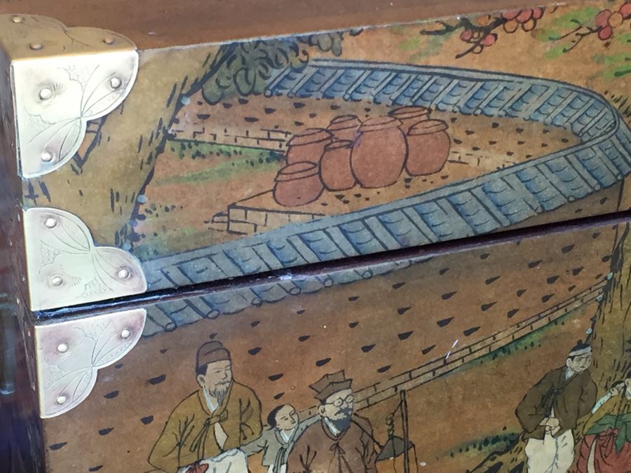 Vintage Korean Wedding Chest With Stand And Lock And Key In Excellent Condition Various Painted Scenes Throughout Cabinet Signed By Artist [Photo 9]