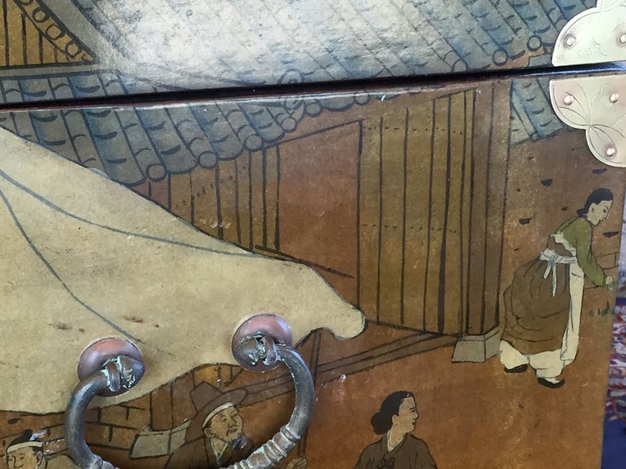 Vintage Korean Wedding Chest With Stand And Lock And Key In Excellent Condition Various Painted Scenes Throughout Cabinet Signed By Artist [Photo 32]