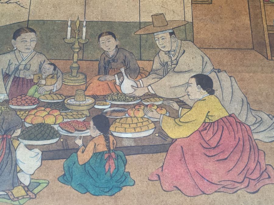 Vintage Korean Wedding Chest With Stand And Lock And Key In Excellent Condition Various Painted Scenes Throughout Cabinet Signed By Artist [Photo 38]