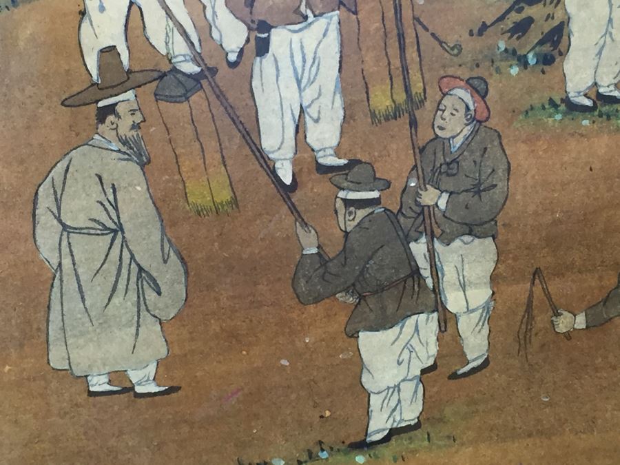 Vintage Korean Wedding Chest With Stand And Lock And Key In Excellent Condition Various Painted Scenes Throughout Cabinet Signed By Artist [Photo 11]