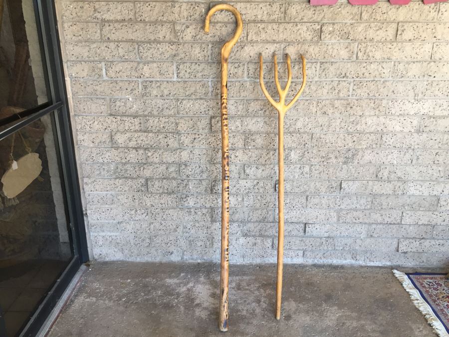 Hand Carved Wooden Staff And Pitchfork From Spain