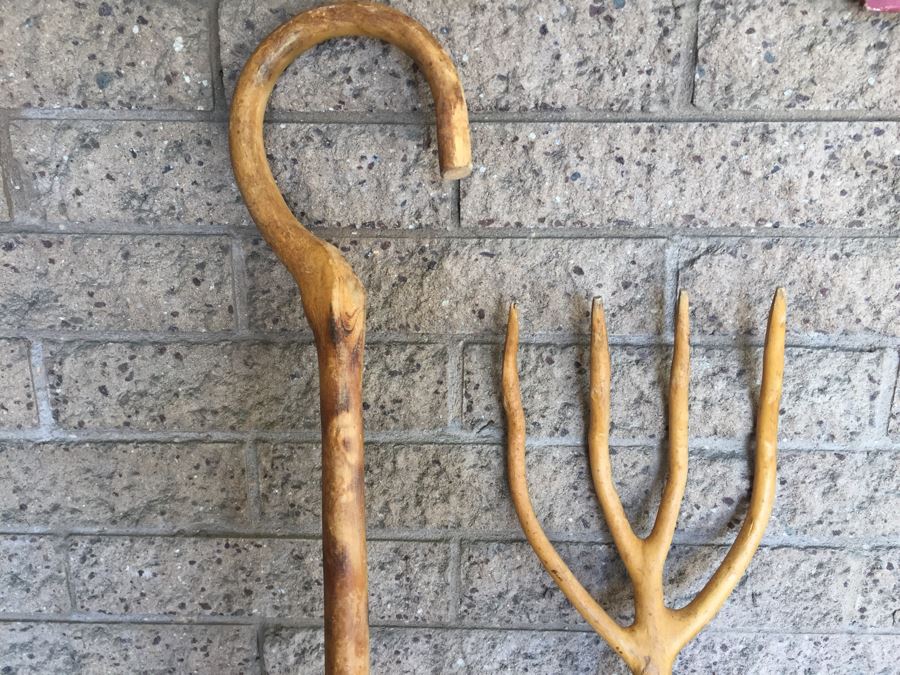 Hand Carved Wooden Staff And Pitchfork From Spain [Photo 3]