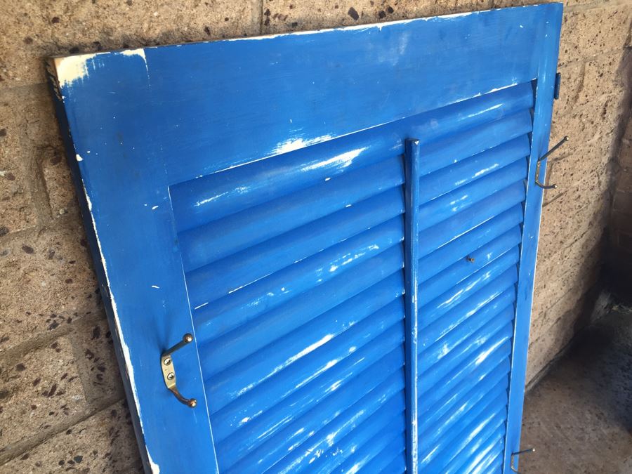 Distressed Blue Shutters With Four Coat Hanger Hooks [Photo 3]