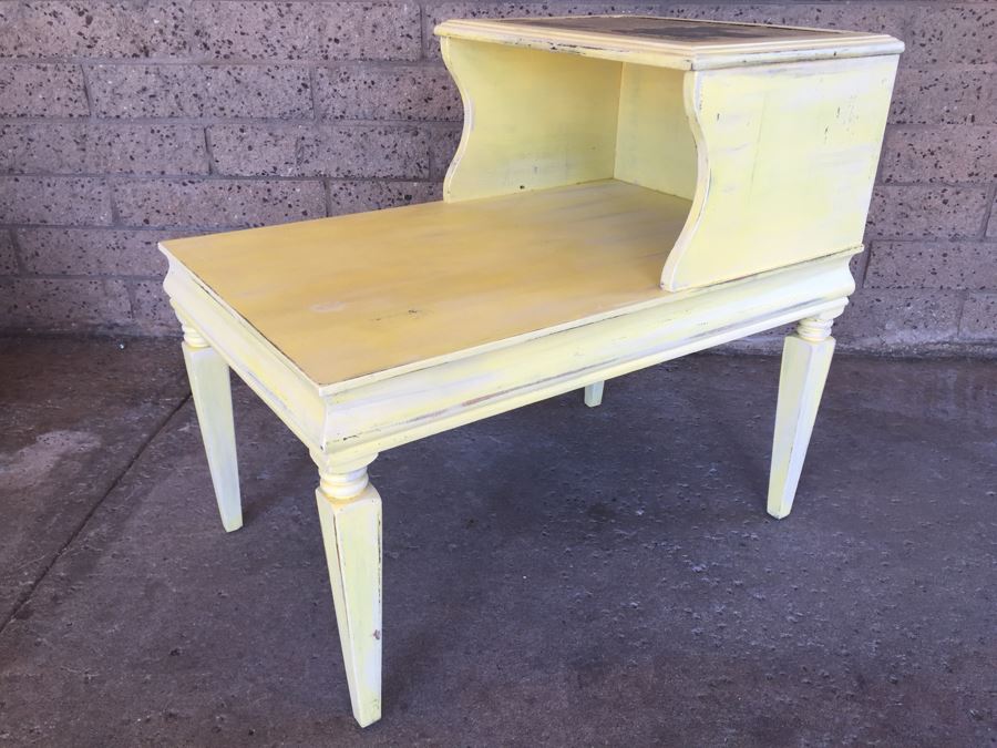 Vintage Yellow Painted Side Table With Old Newspaper Print [Photo 3]