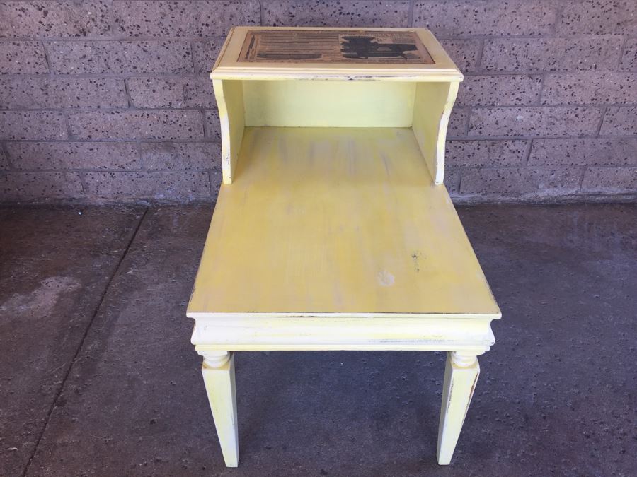 Vintage Yellow Painted Side Table With Old Newspaper Print [Photo 1]