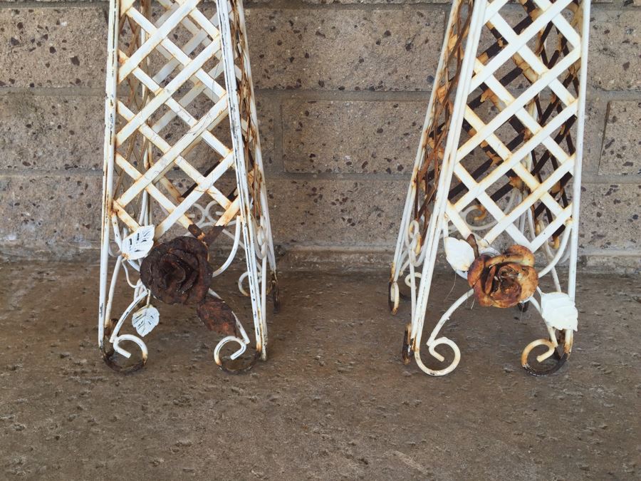 Pair Of White Rustic Metal Garden Obelisks