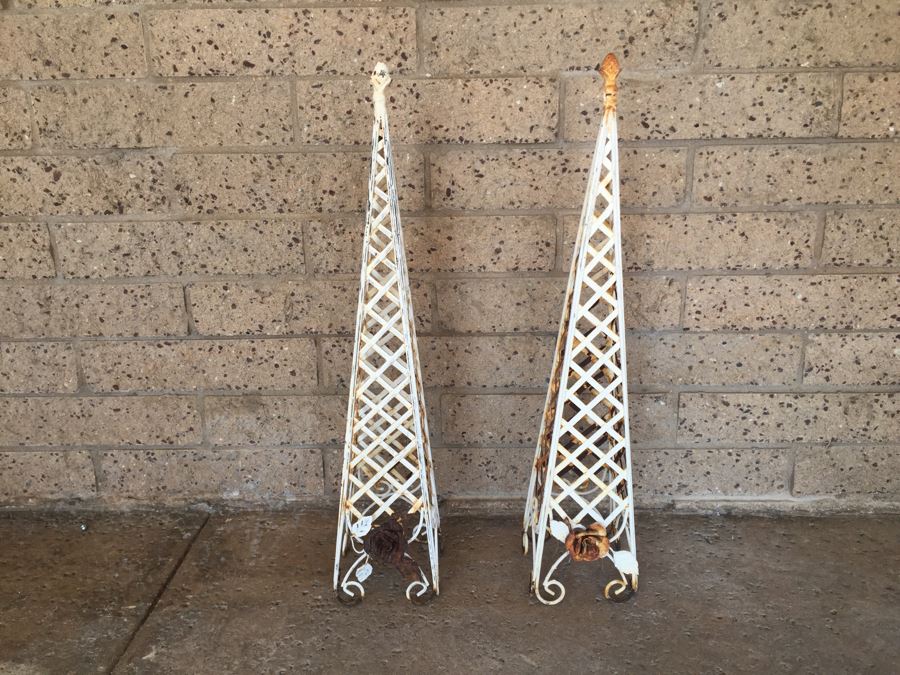 Pair Of White Rustic Metal Garden Obelisks