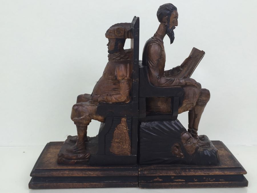 Pair Of Vintage Spainish Carved Wood Sancho Panza & Don Quixote Bookends [Photo 4]