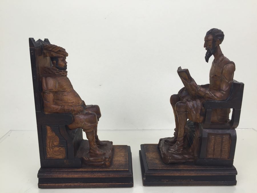 Pair Of Vintage Spainish Carved Wood Sancho Panza & Don Quixote Bookends [Photo 2]