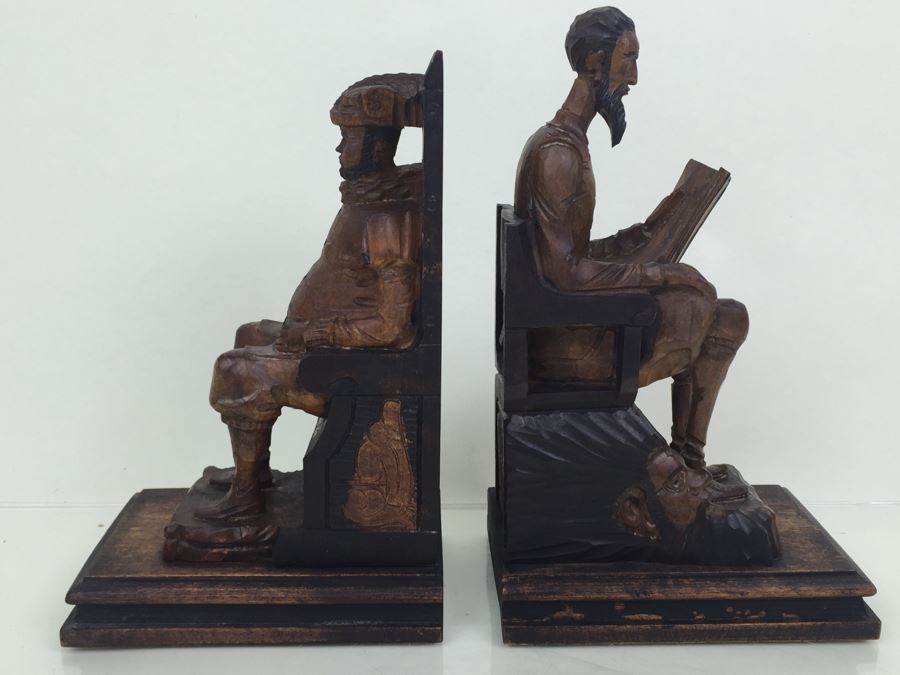 Pair Of Vintage Spainish Carved Wood Sancho Panza & Don Quixote Bookends [Photo 1]