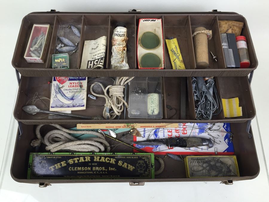 Vintage Metal Fishing Tackle Box With Tackle And Knife
