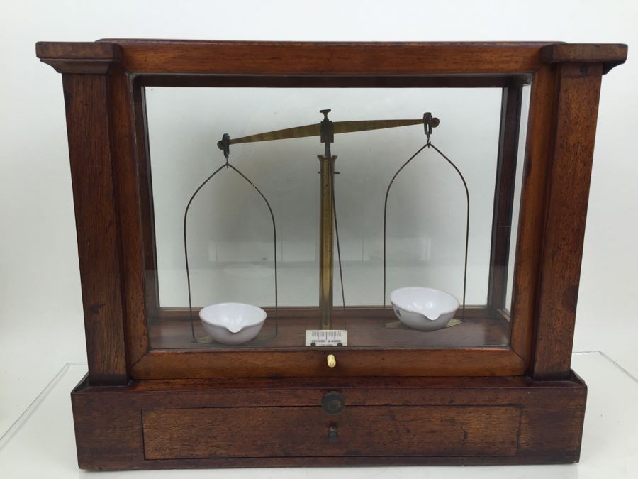 Large Antique Late 1800's Becker & Sons Apothecary Scale Excellent Condition Inside Wooden Case With Glass Panels Has Drawer And Weights Rotterdam, Netherlands [Photo 5]