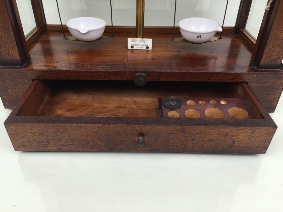 Large Antique Late 1800's Becker & Sons Apothecary Scale Excellent Condition Inside Wooden Case With Glass Panels Has Drawer And Weights Rotterdam, Netherlands [Photo 3]
