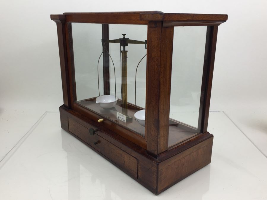 Large Antique Late 1800's Becker & Sons Apothecary Scale Excellent Condition Inside Wooden Case With Glass Panels Has Drawer And Weights Rotterdam, Netherlands [Photo 22]