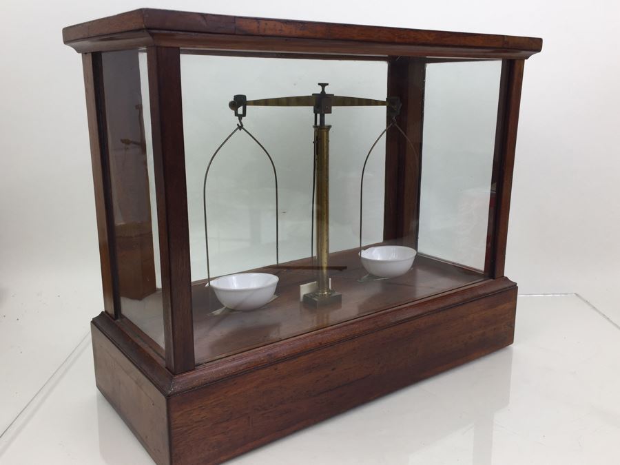 Large Antique Late 1800's Becker & Sons Apothecary Scale Excellent Condition Inside Wooden Case With Glass Panels Has Drawer And Weights Rotterdam, Netherlands [Photo 24]
